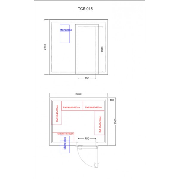 Cameră congelare 11,32 m³ (2,0 x 2,46 x 2,3 m), cu agregat monobloc  TCS015