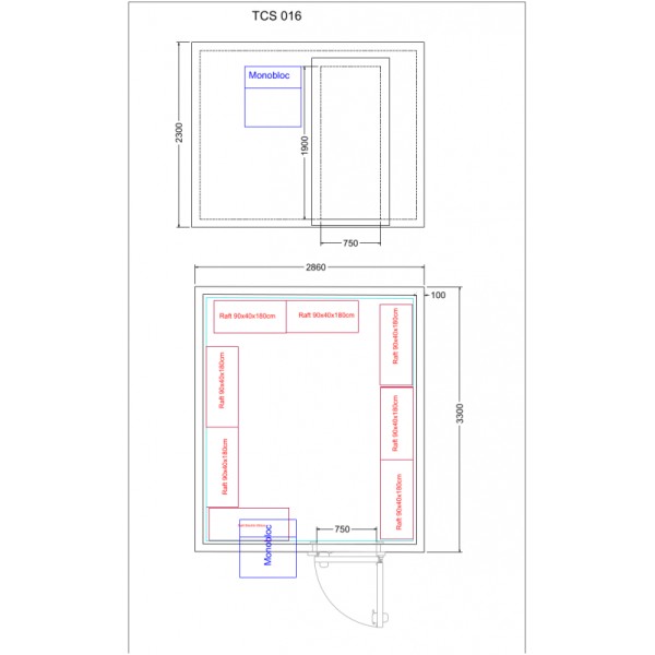 Cameră congelare 21,71 m³ (2,86 x 3,3 x 2,3 m), cu agregat monobloc  TCS016